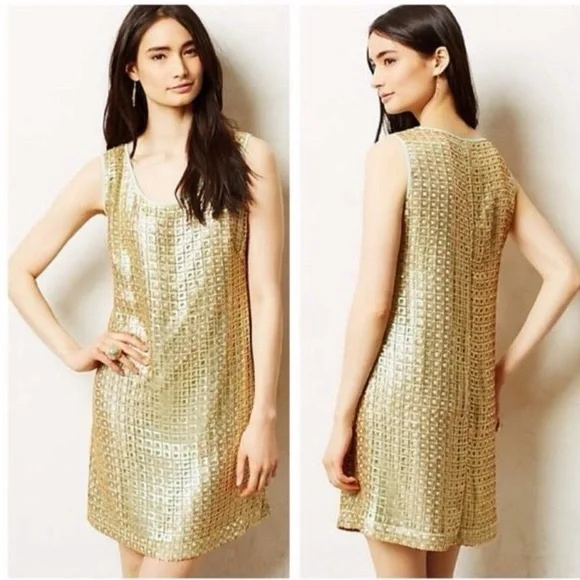 Anthropologie Sequin Mini Dress Golden Panes by Tabitha size 10 gold retro party - Picture 1 of 5